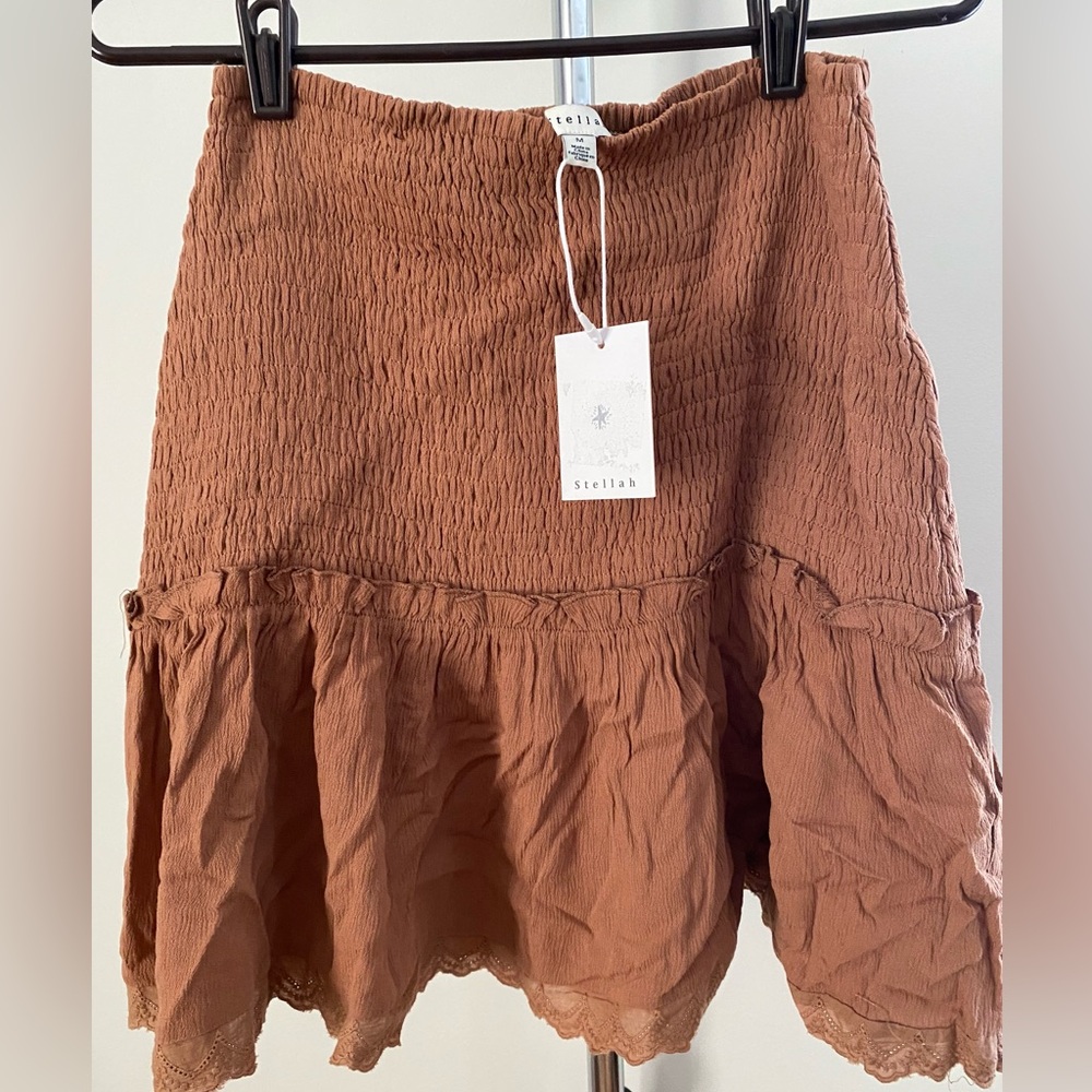 Stellah Brown Bubble Mini Skirt with Smocked Ruffles